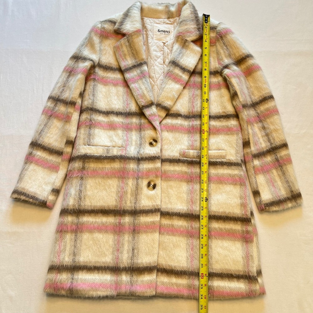&merci Cream Pink Brown Plaid Fuzzy Classic Preppy Academia Longline Coat Size S - Picture 4 of 8